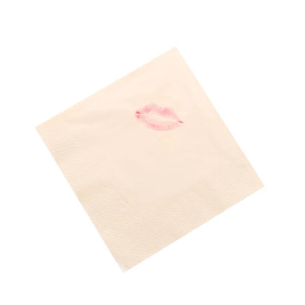 Paper Napkin Lipstick Mark Space Text White Background Top View — Stock Photo, Image