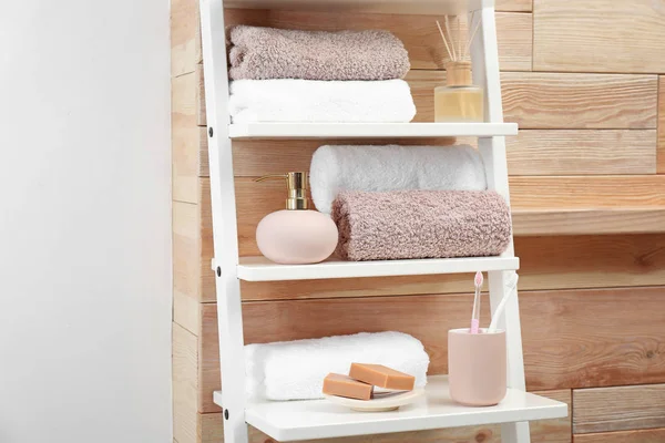 Towels Toiletries Soap Dispenser Shelves Bathroom — Stock Photo, Image