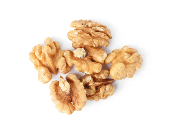 Heap Tasty Walnuts White Background Top View — Stock Photo, Image