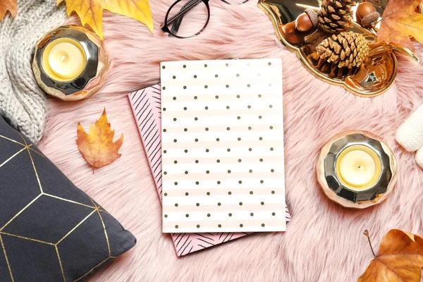 Flat Lay Composition Books Candles Autumn Leaves Fuzzy Rug — Stock Photo, Image