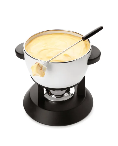 一锅美味的奶酪火锅和叉子与面包在白色背景 — 图库照片