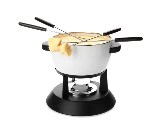 Pot Voor Heerlijke Kaasfondue Vorken Met Brood Witte Achtergrond — Stockfoto