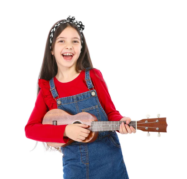 Porträtt Lilla Flicka Spela Gitarr Isolerad Vit — Stockfoto