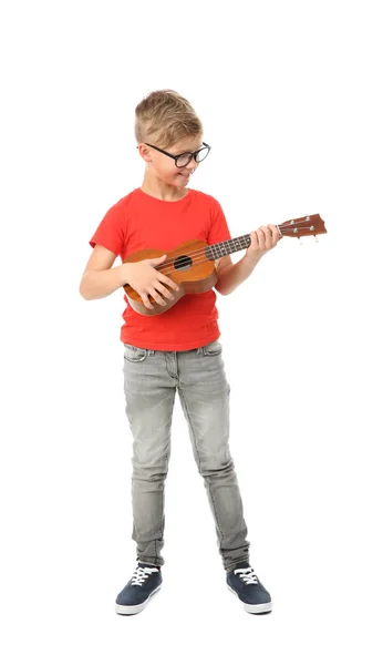 Söt Liten Pojke Spela Gitarr Isolerad Vit — Stockfoto