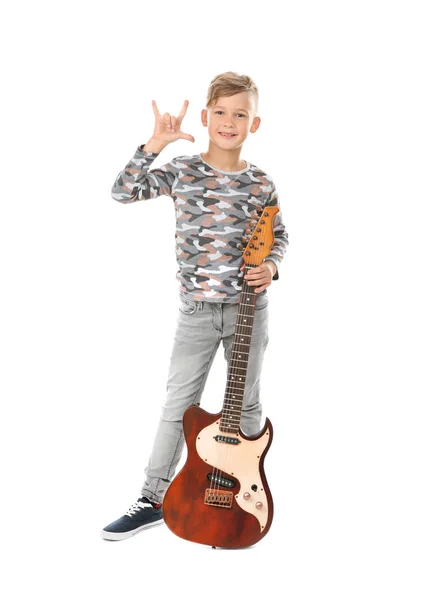 Menino Bonito Com Guitarra Elétrica Isolado Branco — Fotografia de Stock