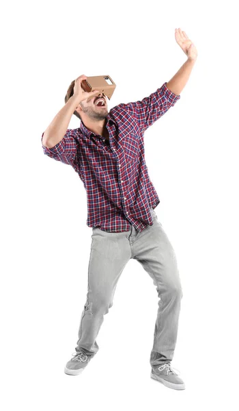 Young Man Using Cardboard Virtual Reality Headset Isolated White — Stock Photo, Image