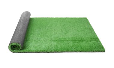 Suni çim halı beyaz arka plan üzerinde yuvarlandı. Dış öğe
