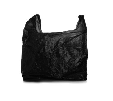 Beyaz arka planda siyah tek kullanımlık plastik torba