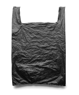 Beyaz arka planda siyah tek kullanımlık plastik torba