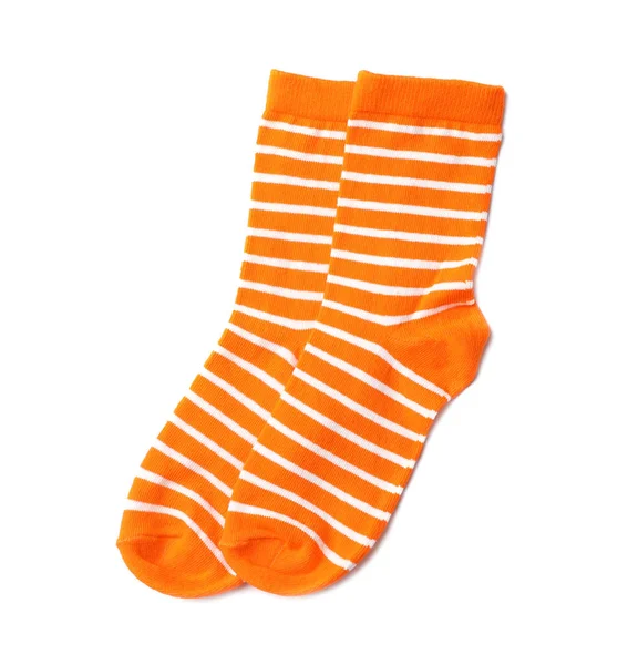 Dvojice Roztomilé Dětské Ponožky Bílém Pozadí Pohled Shora — Stock fotografie