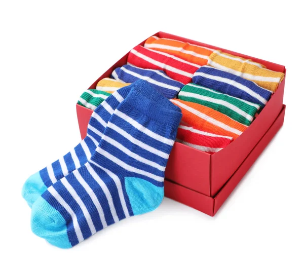 Box Cute Child Socks White Background — Stock Photo, Image