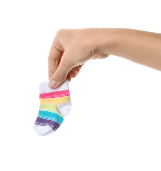 Woman Holding Cute Child Sock White Background Closeup — Stock Photo, Image