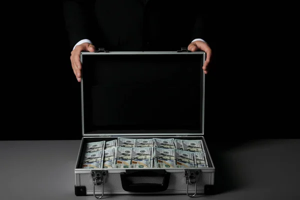 Businessman Suitcase Full Money Dark Background — Stock Photo, Image