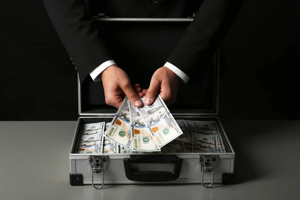 Businessman Suitcase Full Money Dark Background — Stock Photo, Image