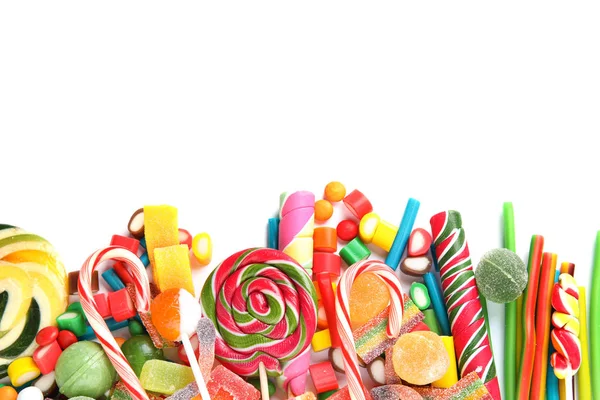 Many Different Yummy Candies White Background Top View Space Text — Stock Photo, Image