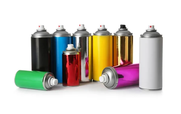Dobozos Különböző Spray Festékek Fehér Háttér — Stock Fotó