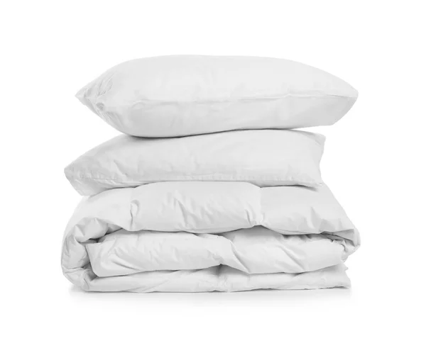 Cobertor Limpo Travesseiros Fundo Branco — Fotografia de Stock
