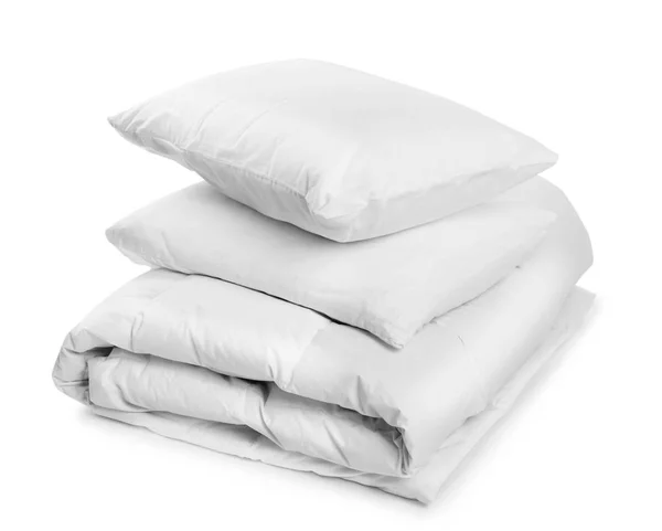 Cobertor Limpo Travesseiros Fundo Branco — Fotografia de Stock