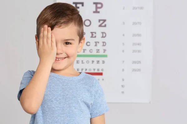Cute Little Boy Visiting Children Doctor Space Text Eye Examination — Stock Photo, Image
