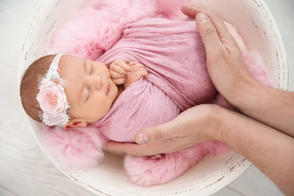 Cute Newborn Baby Girl Her Father Light Background Top View — Stock Photo, Image