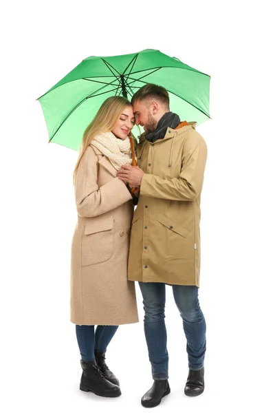 Portrait Complet Beau Couple Avec Parapluie Isolé Sur Blanc — Photo