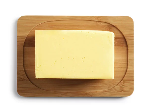 Placa Madeira Com Bloco Manteiga Fresca Fundo Branco Vista Superior — Fotografia de Stock
