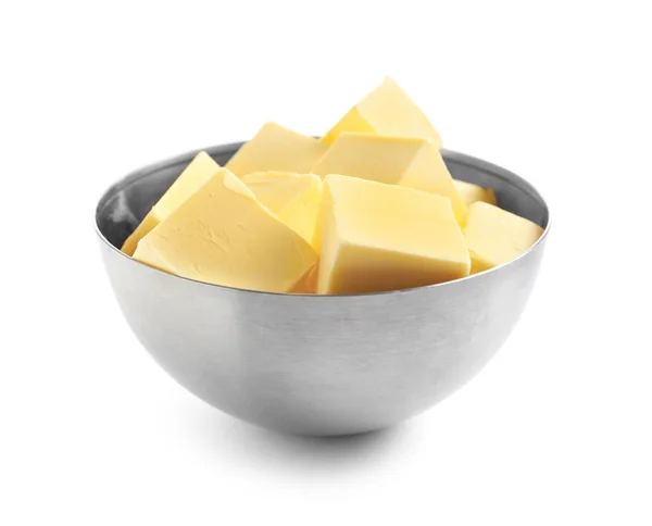 Tigela Com Cubos Manteiga Fresca Sobre Fundo Branco — Fotografia de Stock