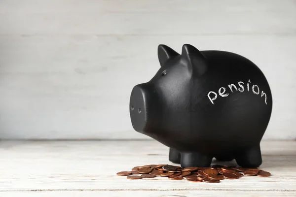 Piggy Bank Word Pension Coins Table Space Text — Stock Photo, Image