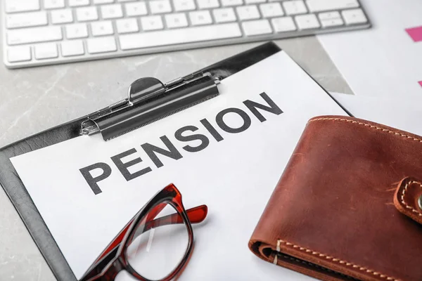 Glasses Wallet Paper Word Pension Table — Stock Photo, Image