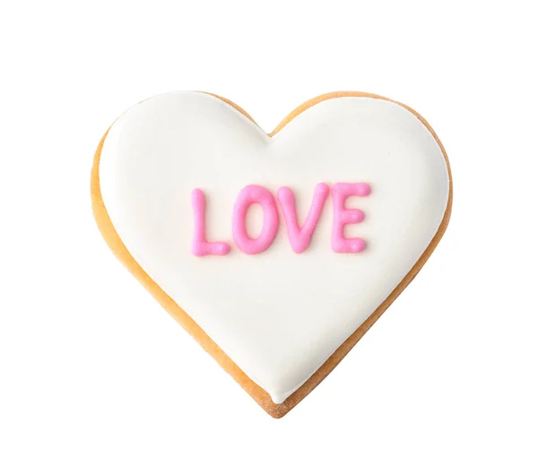 Decorated Heart Shaped Cookie Word Love White Background Top View — Stock Photo, Image