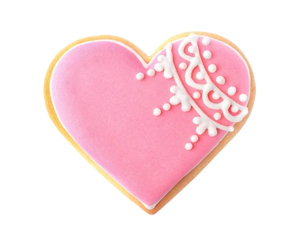 Decorated Heart Shaped Cookie White Background Top View — Stock Photo, Image