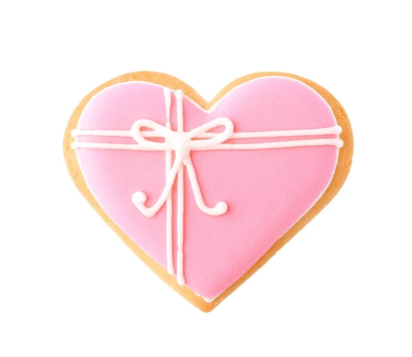 Decorated Heart Shaped Cookie White Background Top View — Stock Photo, Image
