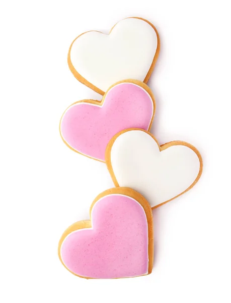Decorated Heart Shaped Cookies White Background Top View — Stock Photo, Image
