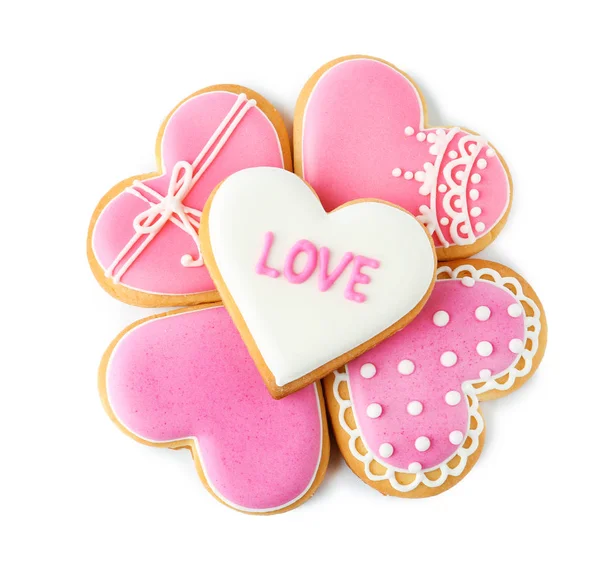 Decorated Heart Shaped Cookies White Background Top View Valentine Day — Stock Photo, Image