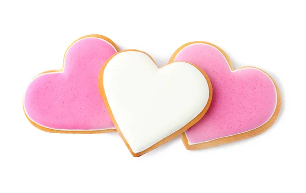 Decorated Heart Shaped Cookies White Background Top View — Stock Photo, Image