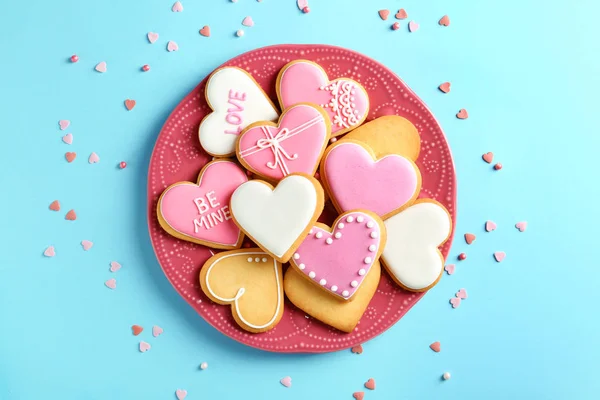 Composition Decorated Heart Shaped Cookies Color Background Top View — Stock Photo, Image