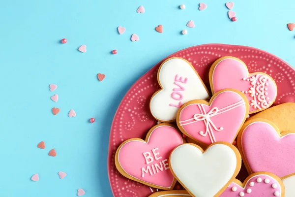 Composition Decorated Heart Shaped Cookies Space Text Color Background Top — Stock Photo, Image