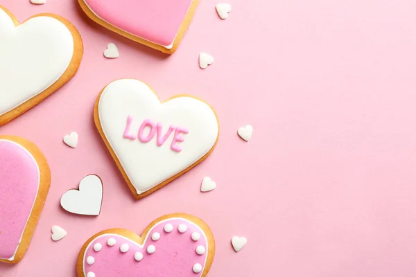 Composition Decorated Heart Shaped Cookies Space Text Color Background Top — Stock Photo, Image