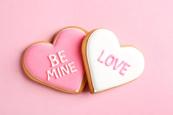 Decorated Heart Shaped Cookies Color Background Top View Valentine Day — Stock Photo, Image