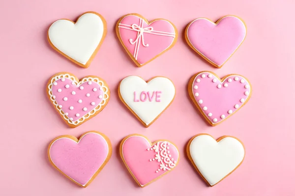 Decorated Heart Shaped Cookies Color Background Flat Lay Valentine Day — Stock Photo, Image