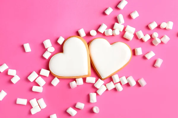 Flat Lay Composition Decorated Heart Shaped Cookies Color Background — Stock Photo, Image