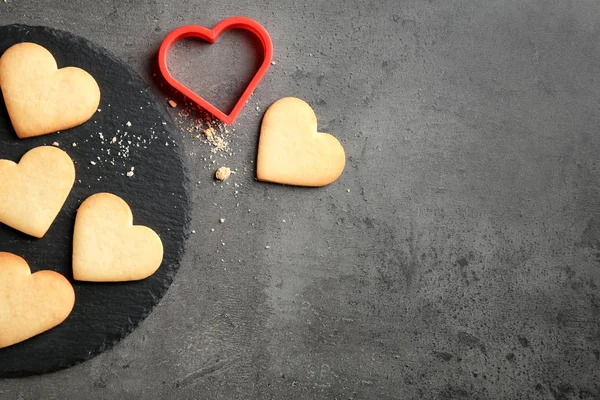 Flat Lay Composition Homemade Heart Shaped Cookies Space Text Table — Stock Photo, Image