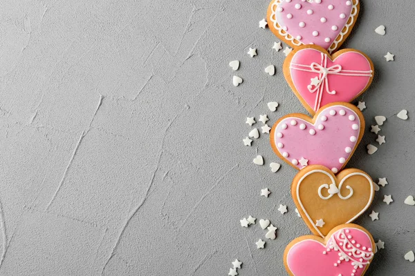 Flat Lay Composition Decorated Heart Shaped Cookies Space Text Table — Stock Photo, Image