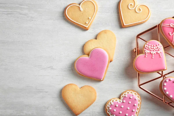 Flat Lay Composition Decorated Heart Shaped Cookies Space Text Table — Stock Photo, Image
