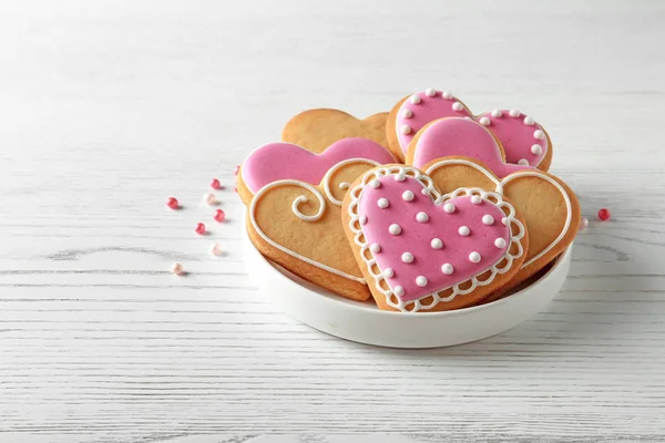Plate Decorated Heart Shaped Cookies Wooden Table Space Text — Stock Photo, Image