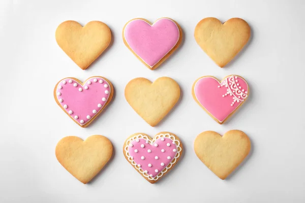 Decorated Heart Shaped Cookies White Background Top View — Stock Photo, Image