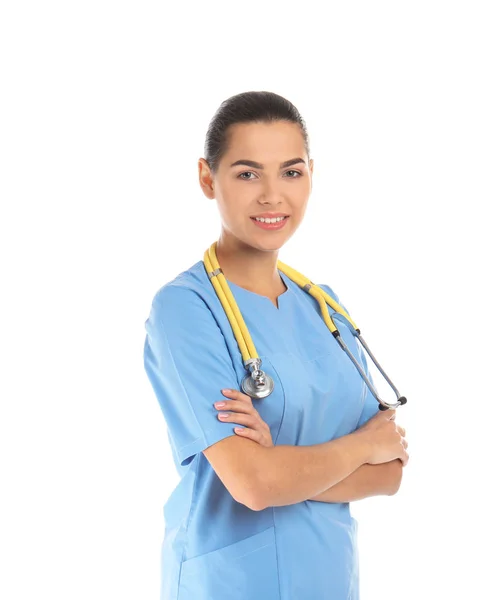 Portrait Jeune Assistant Médical Avec Stéthoscope Sur Fond Blanc — Photo