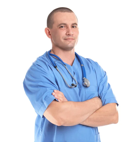 Beyaz Arka Plan Üzerinde Stetoskop Ile Sağlık Görevlisi Portresi — Stok fotoğraf
