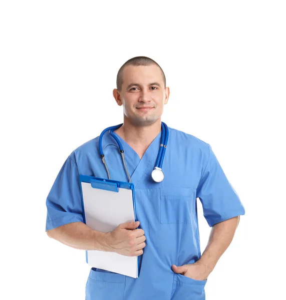 Retrato Assistente Médico Com Estetoscópio Área Transferência Sobre Fundo Branco — Fotografia de Stock