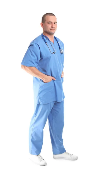 Full Length Portrait Medical Assistant Stethoscope White Background — Stock Photo, Image